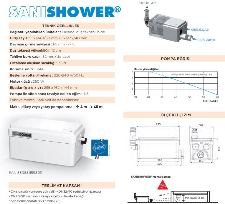 Sanishower 2 Ünite Girişli, Duş Kabini ve Lavabo Su Tahliye Pompası-4